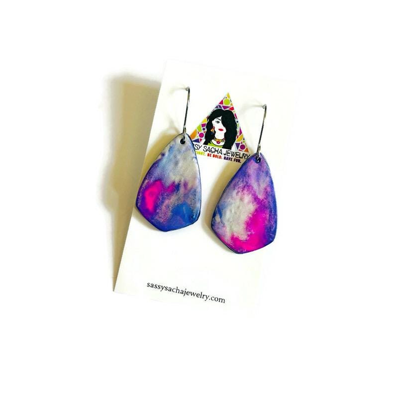 Pink, Blue & Purple Teardrop Earrings – Handmade from Polymer Clay, Abstract Fluid Art Dangles