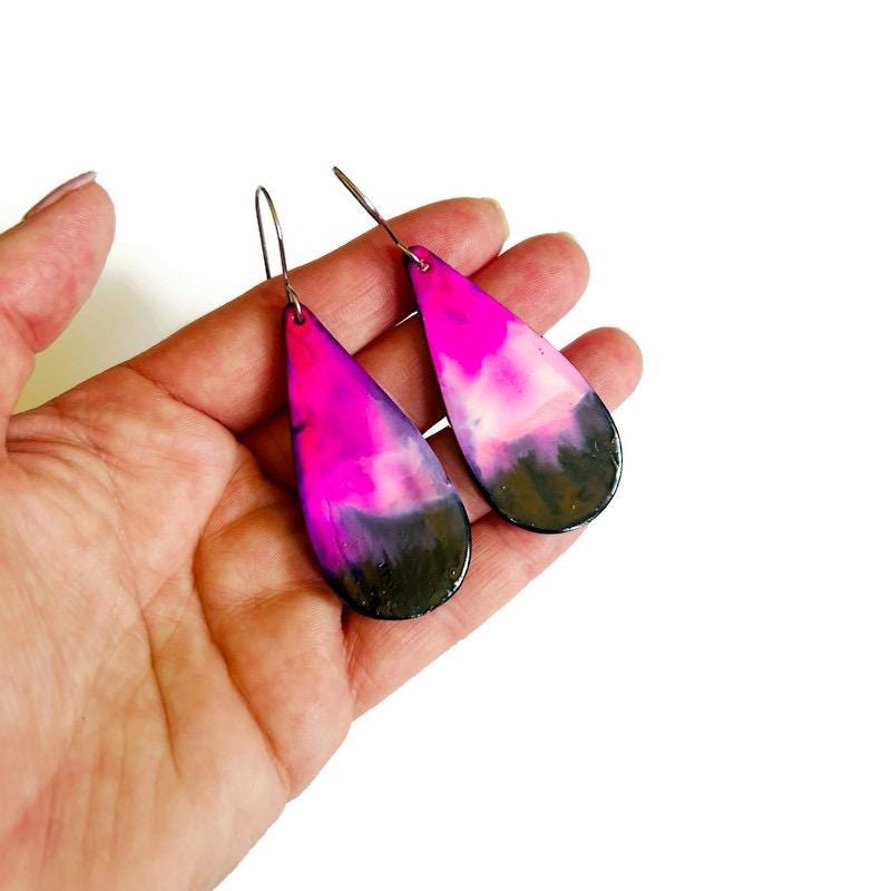 Hot Pink, White & Black Teardrop Earrings – Handmade from Polymer Clay, Large Statement Dangles