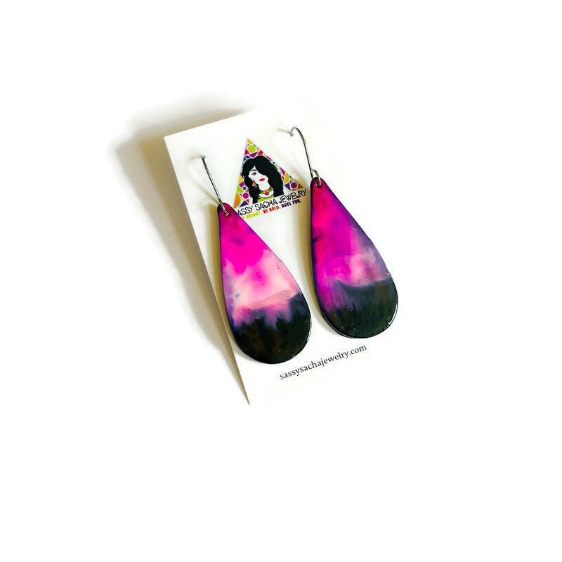 Hot Pink, White & Black Teardrop Earrings – Handmade from Polymer Clay, Large Statement Dangles
