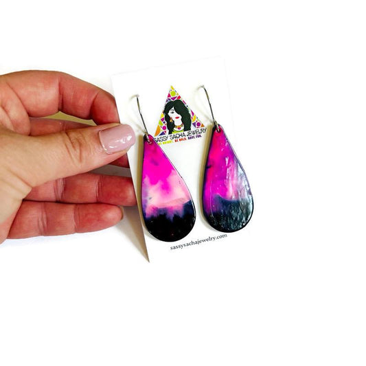 Hot Pink, White & Black Teardrop Earrings – Handmade from Polymer Clay, Large Statement Dangles