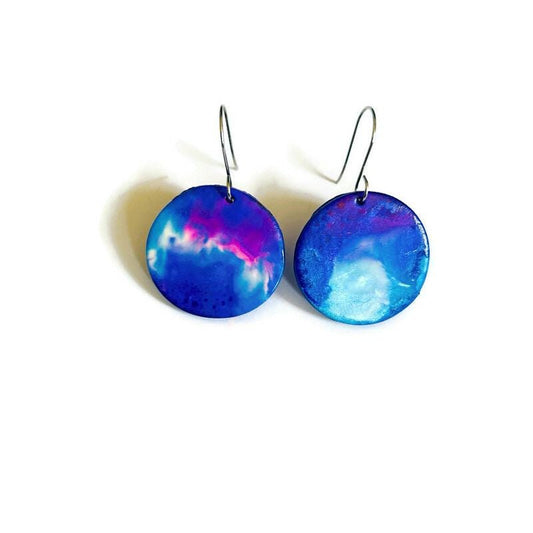Blue, Pink & White Disc Earrings – Handmade from Polymer Clay, Abstract Fluid Art Dangle Earrings