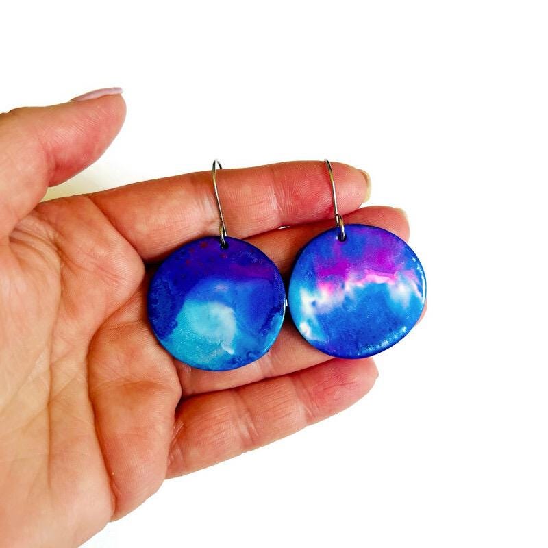 Blue, Pink & White Disc Earrings – Handmade from Polymer Clay, Abstract Fluid Art Dangle Earrings