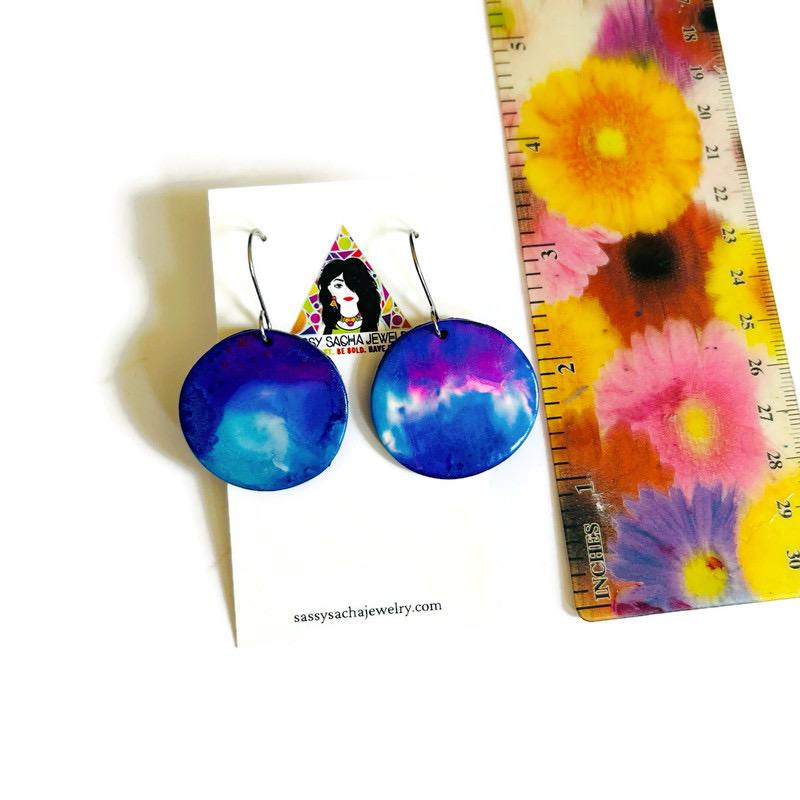 Blue, Pink & White Disc Earrings – Handmade from Polymer Clay, Abstract Fluid Art Dangle Earrings