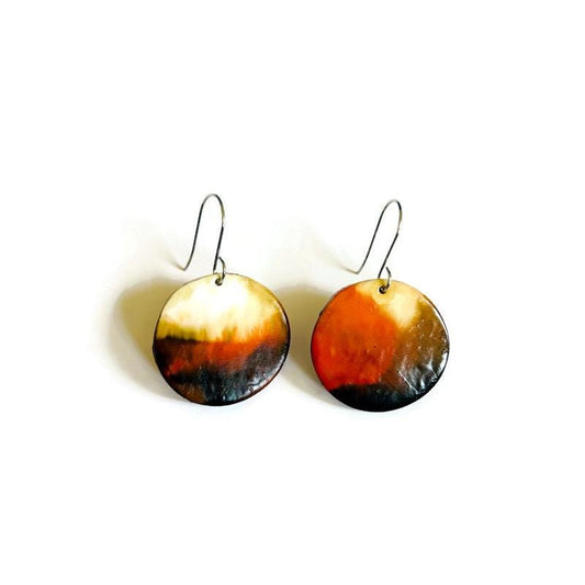 Brown & Burnt Orange Disc Earrings – Handmade from Polymer Clay, Abstract Boho Dangle Earrings