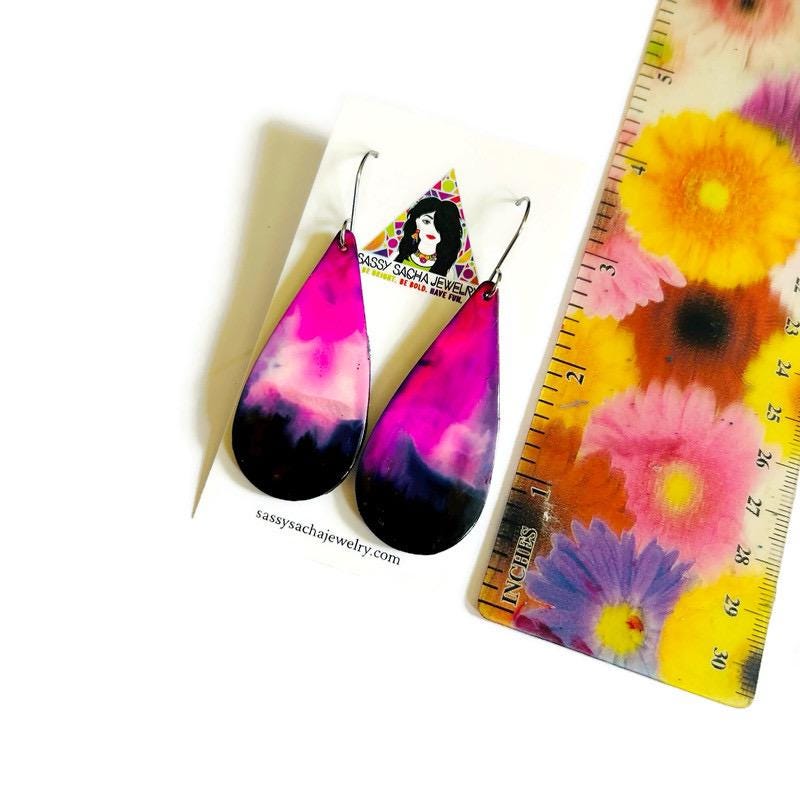 Hot Pink, White & Black Teardrop Earrings – Handmade from Polymer Clay, Large Statement Dangles