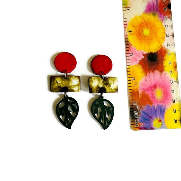 Autumn Clip On Earrings with Green Leaf