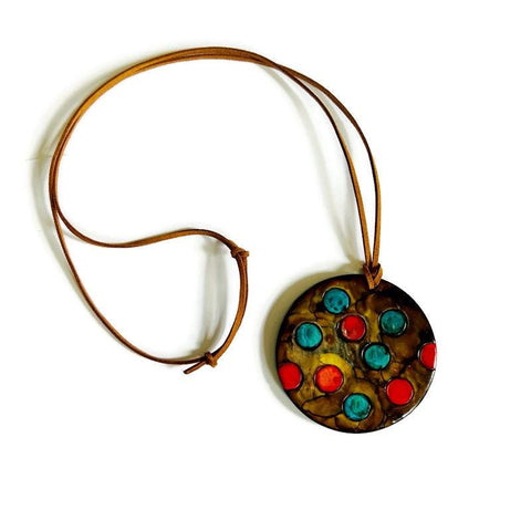 Chunky Pendant Necklace with Polka Dots in Earth Tone Colors