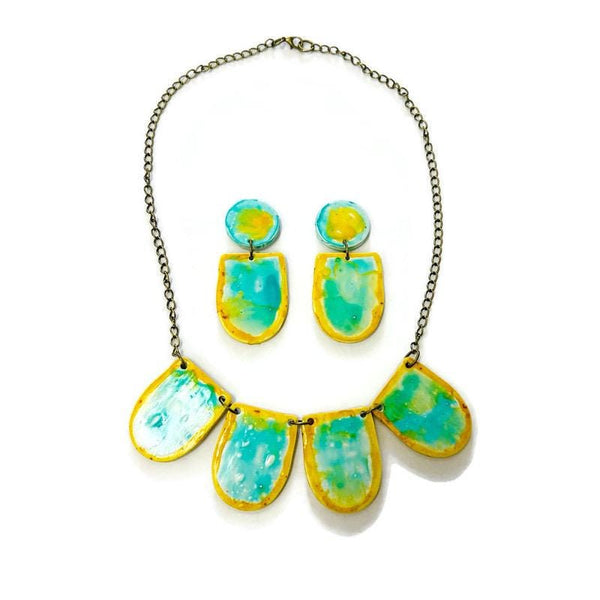 Handmade Painted Earrings in Turquoise & Yellow