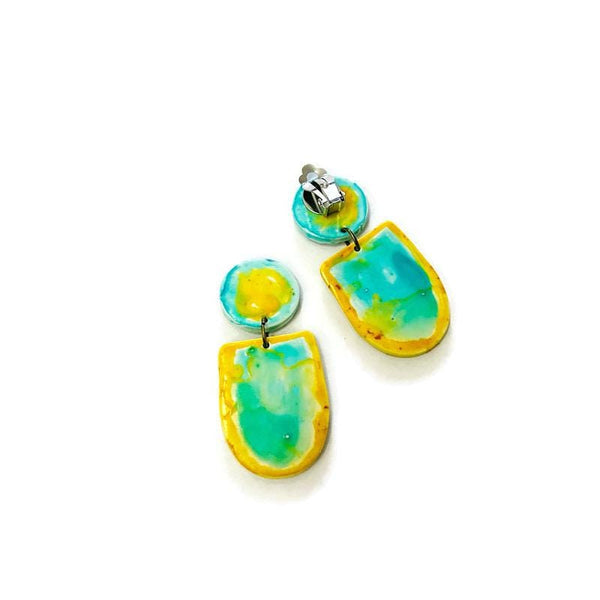 Handmade Painted Earrings in Turquoise & Yellow