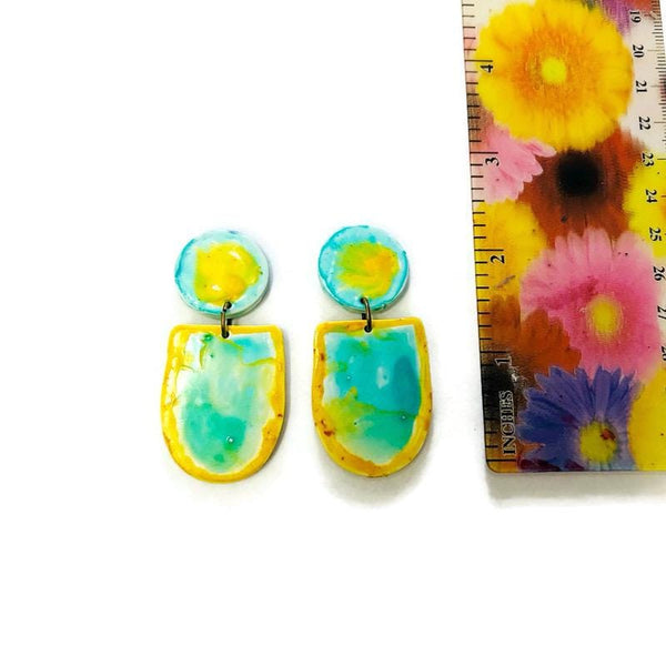 Handmade Painted Earrings in Turquoise & Yellow