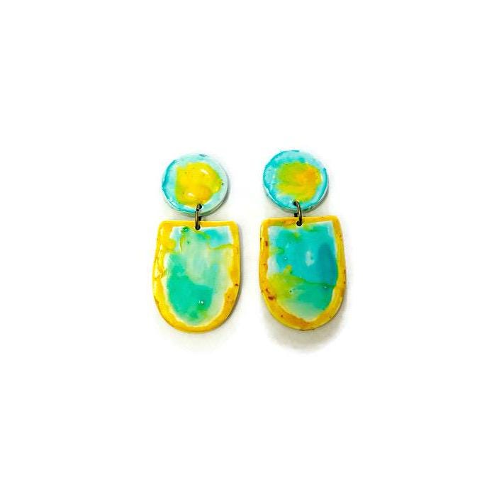 Handmade Painted Earrings in Turquoise & Yellow