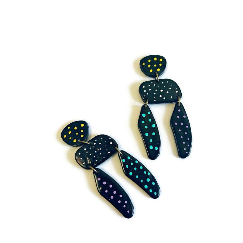 Long Black Statement Earrings with Colorful Polka Dots