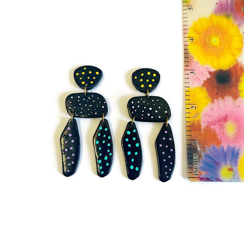 Long Black Statement Earrings with Colorful Polka Dots