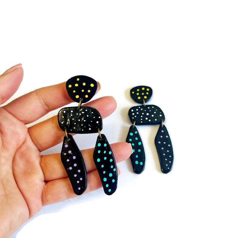 Long Black Statement Earrings with Colorful Polka Dots