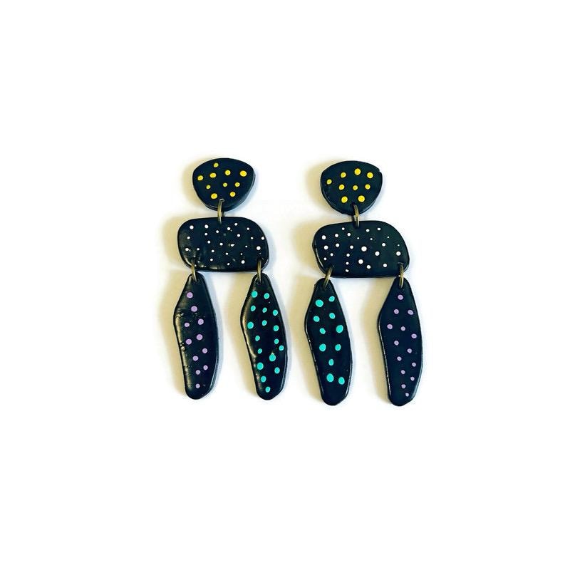 Long Black Statement Earrings with Colorful Polka Dots