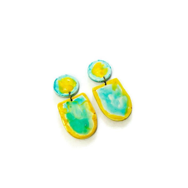 Handmade Painted Earrings in Turquoise & Yellow