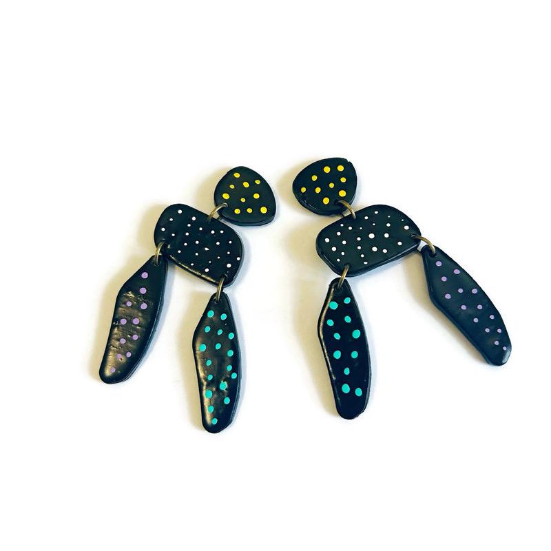 Long Black Statement Earrings with Colorful Polka Dots