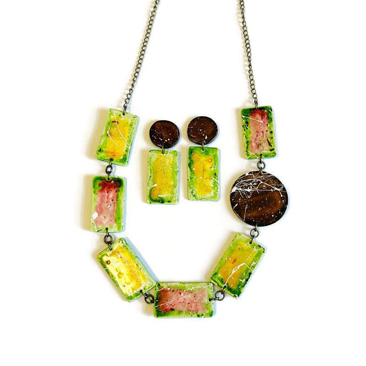 Bohemian Beaded Jewelry Set | Polymer Clay Necklace & Earrings | Rustic Multicolor