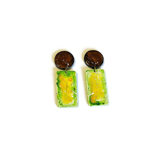 Rectangle Statement Earrings in Olive Green, Yellow & Brown | Post & Clip On | Polymer Clay