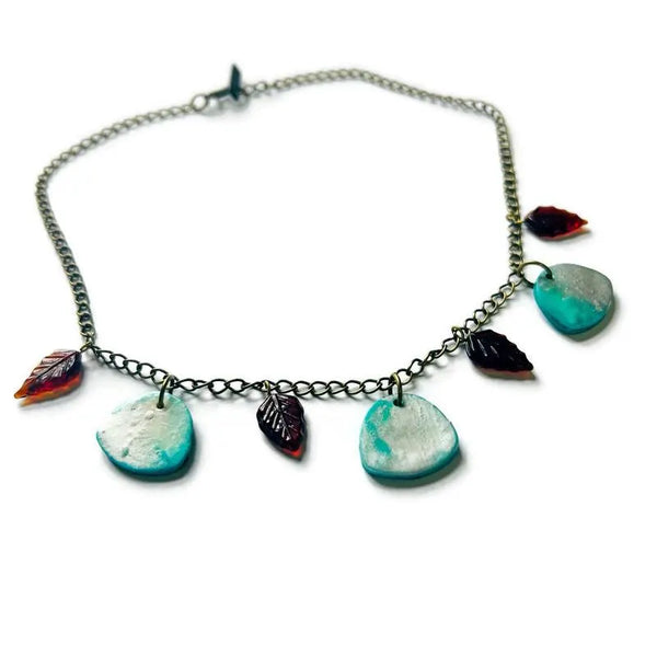 Minimalist Beaded Necklace Icy Blue & Silver with Brown Glass Leaves