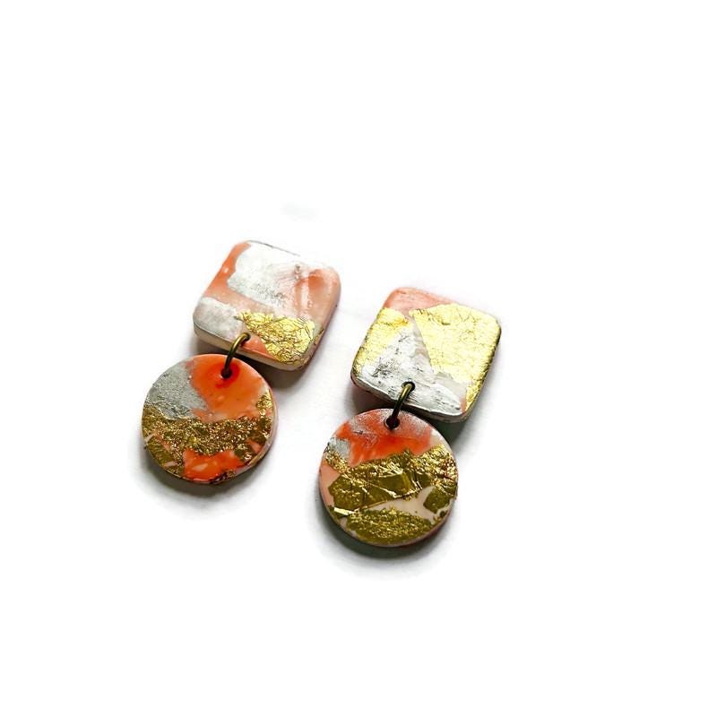 Pink, Gold & Silver Drop Earrings – Handmade from Polymer Clay, Minimalist Dangles, Post or Clip On