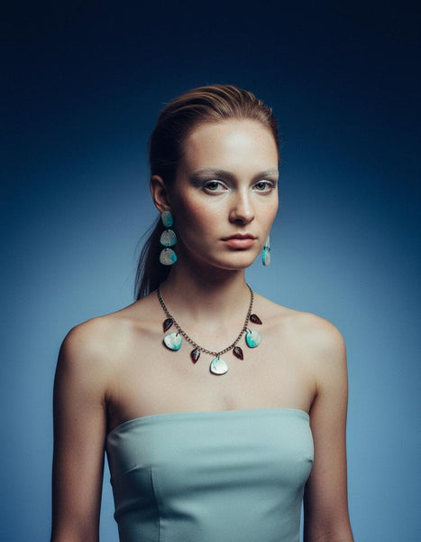 Minimalist Beaded Necklace Icy Blue & Silver with Brown Glass Leaves