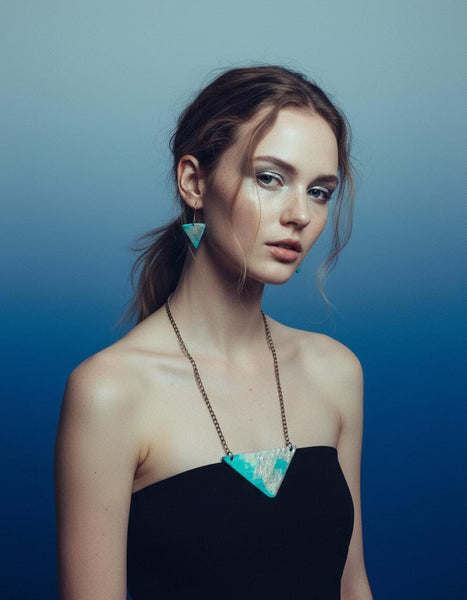 Modern Triangle Necklace in Icy Turquoise Blue and Frosted Silver