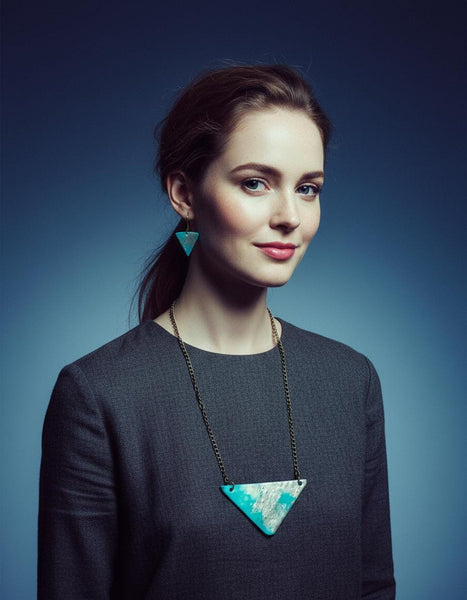 Modern Triangle Necklace in Icy Turquoise Blue and Frosted Silver