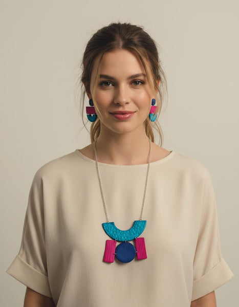Wide Statement Earrings in Turquoise, Denim Blue & Pink