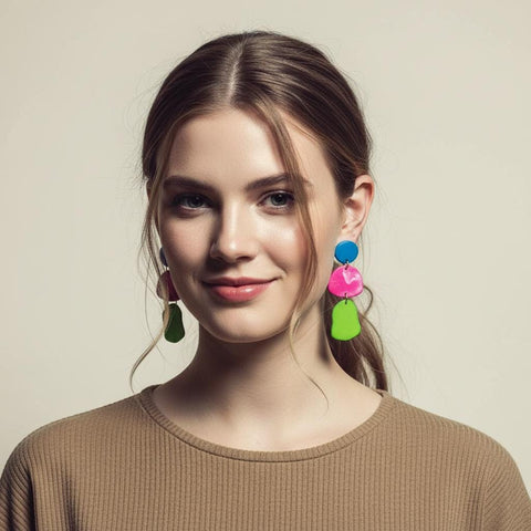 Long Statement Earrings, Bright Colorful Drop Dangles or Clip Ons