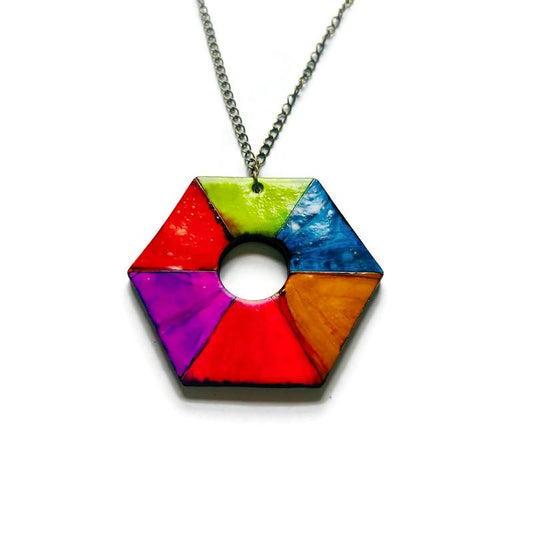 Colorful Chunky Hexagon Pendant Necklace Handmade