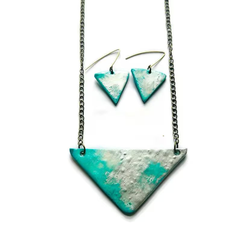 Modern Triangle Necklace in Icy Turquoise Blue and Frosted Silver