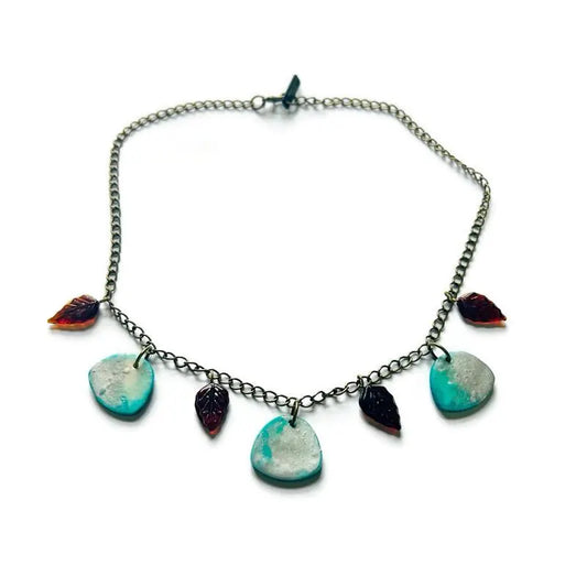 Minimalist Beaded Necklace Icy Blue & Silver with Brown Glass Leaves
