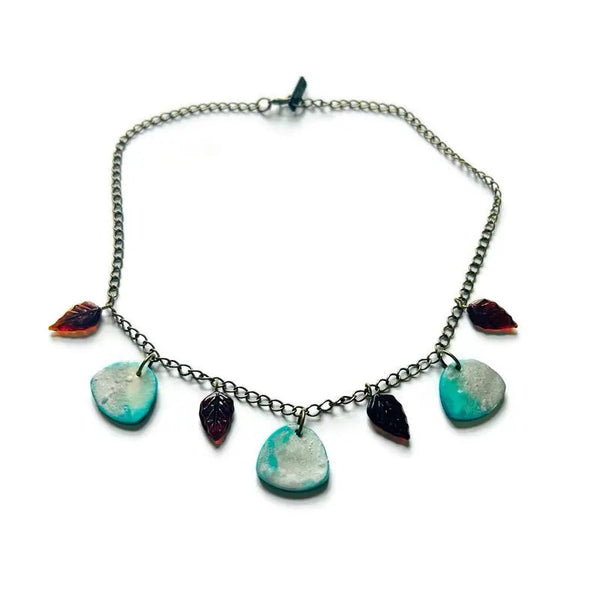 Minimalist Beaded Necklace Icy Blue & Silver with Brown Glass Leaves