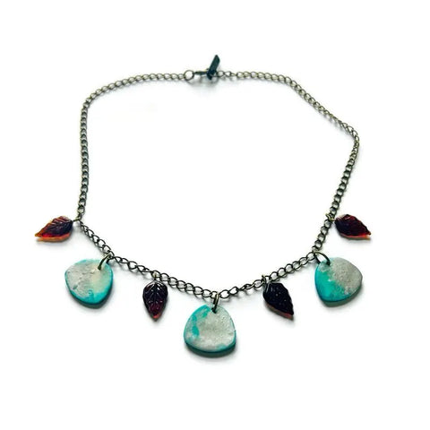 Minimalist Beaded Necklace Icy Blue & Silver with Brown Glass Leaves