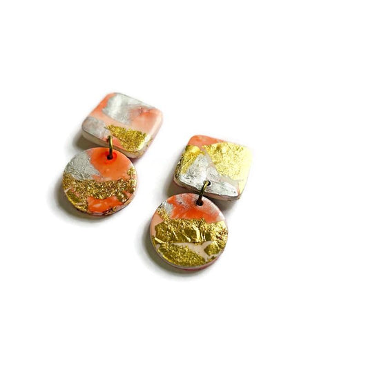 Pink, Gold & Silver Drop Earrings – Handmade from Polymer Clay, Minimalist Dangles, Post or Clip On