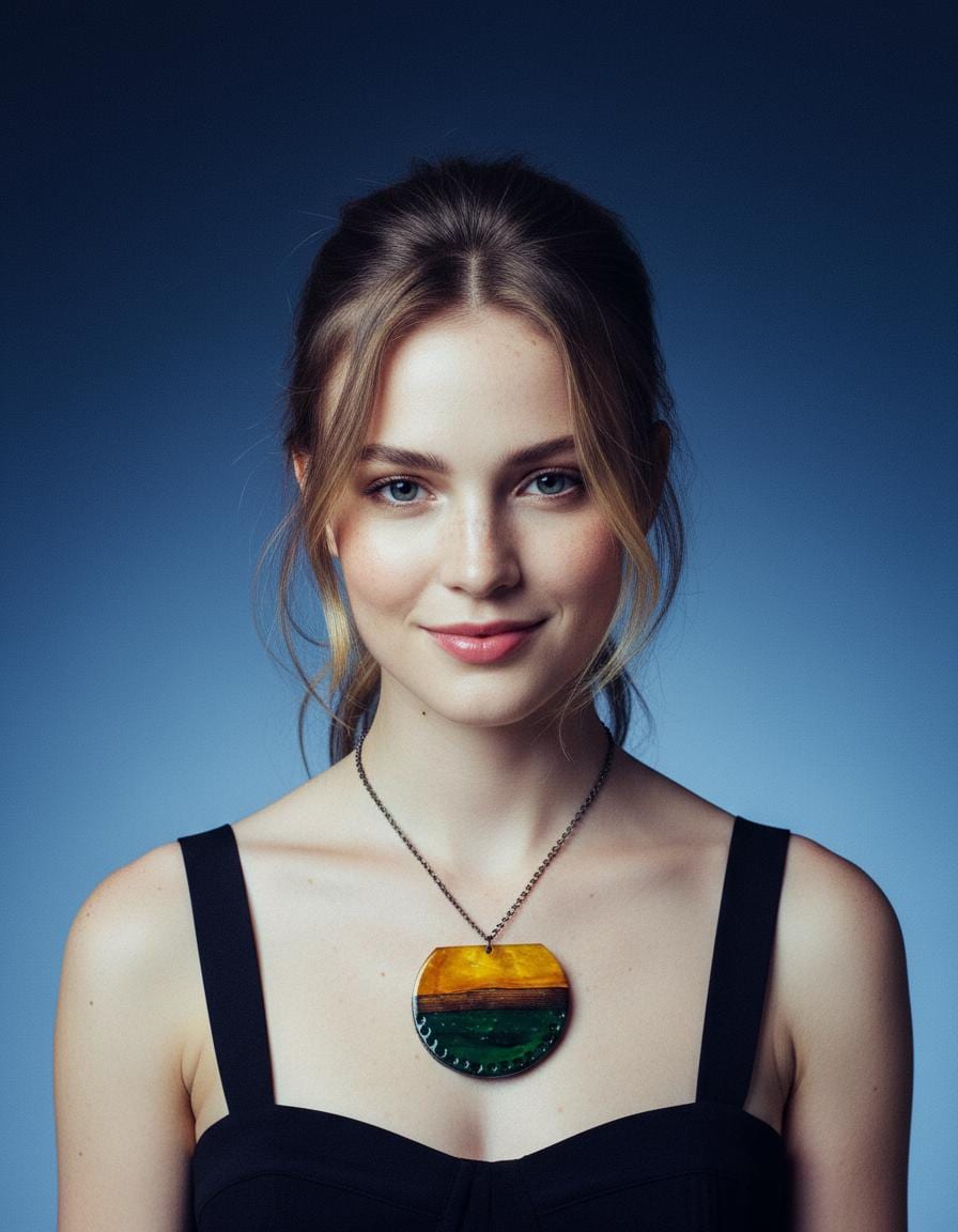 Woman wearing a black dress with a colorful pendant necklace against a blue background
