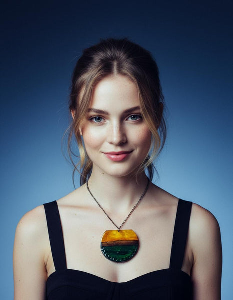 Large Pendant Necklace in Forest Green, Mustard Yellow & Brown