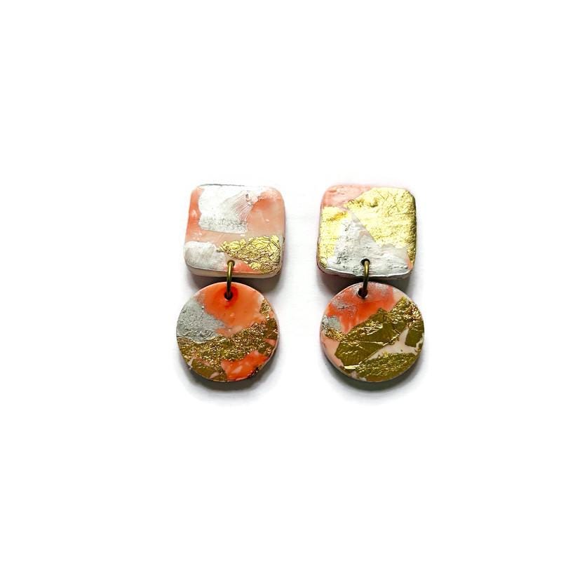 Pink, Gold & Silver Drop Earrings – Handmade from Polymer Clay, Minimalist Dangles, Post or Clip On