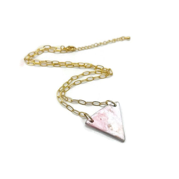 Triangle Necklace in Pink & Silver on 18k Gold Plated Paperclip Chain