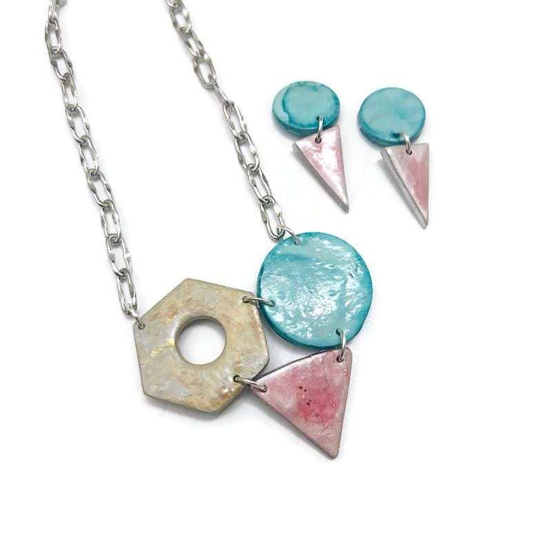 Minimalist Geometric Studs in Silver Pink & Turquoise