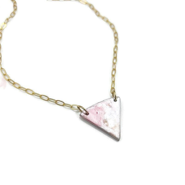 Triangle Necklace in Pink & Silver on 18k Gold Plated Paperclip Chain