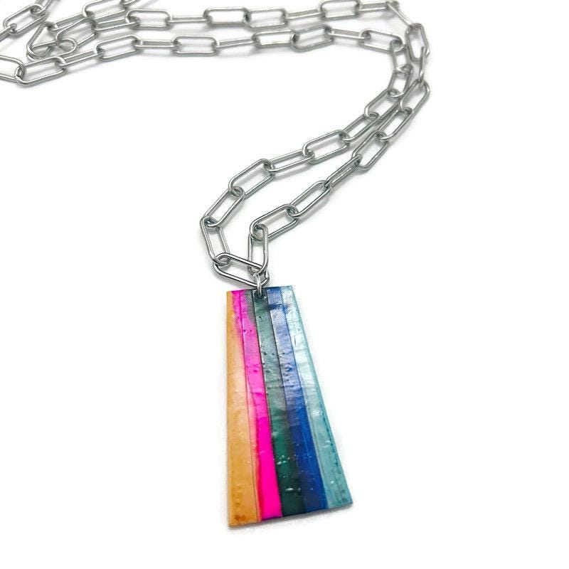 Colorful Striped Pendant Necklace on Chunky Stainless Steel Chain
