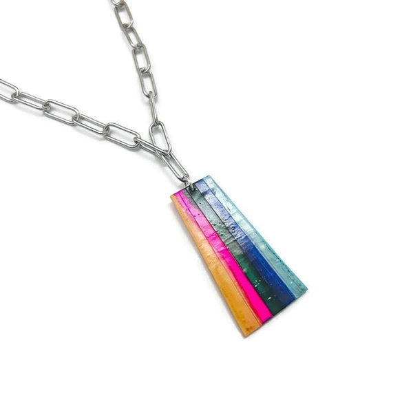 Colorful Striped Pendant Necklace on Chunky Stainless Steel Chain