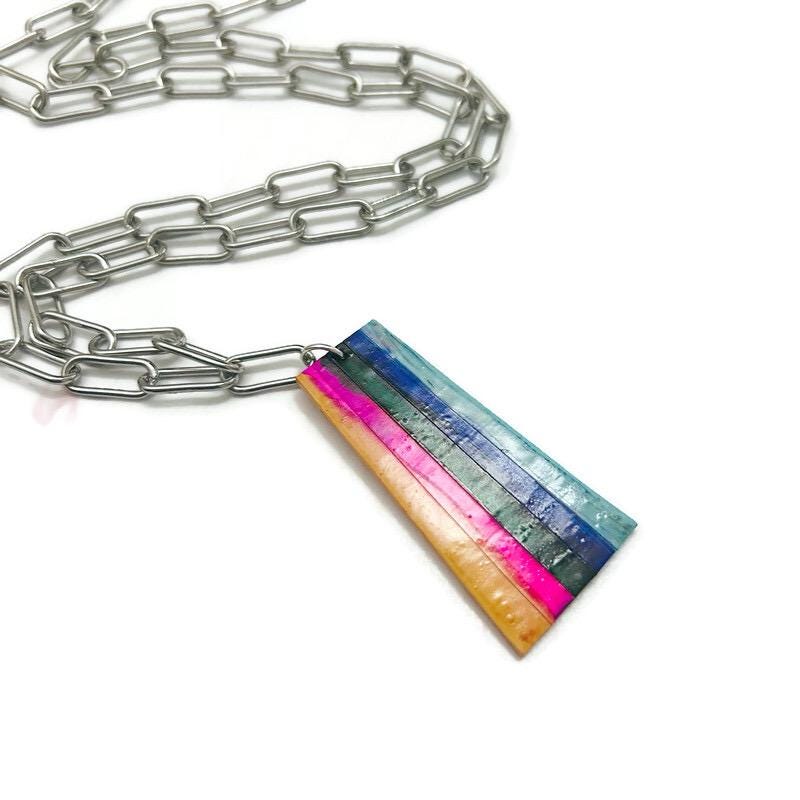 Colorful Striped Pendant Necklace on Chunky Stainless Steel Chain