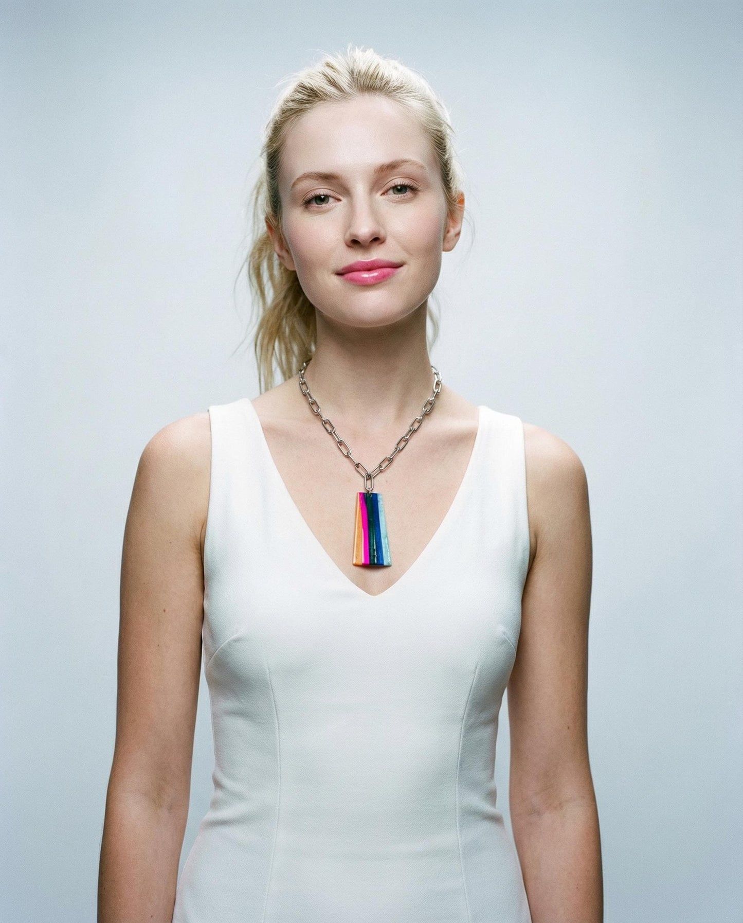 Colorful Striped Pendant Necklace on Chunky Stainless Steel Chain