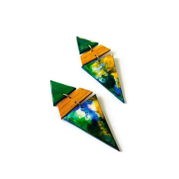 Oversized Triangle Earrings in Green Yellow & White