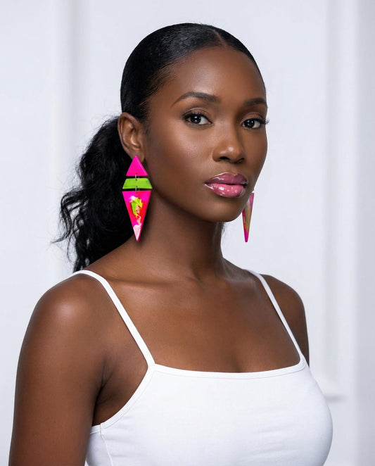Extra Large Triangle Earrings in Hot Pink, Neon Green & White