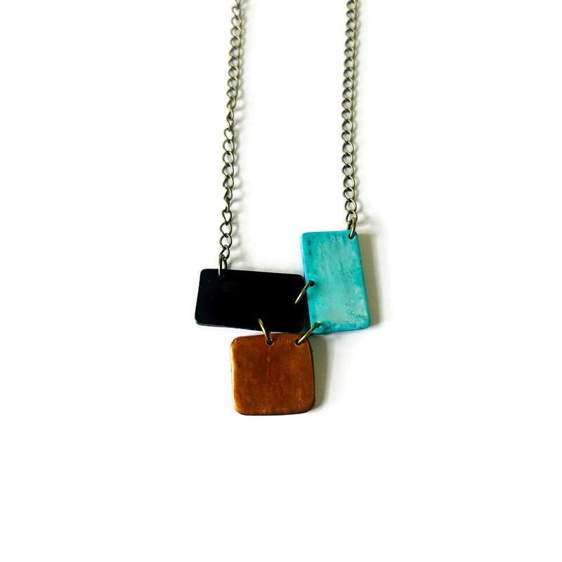 Modern Minimalist Pendant in Turquoise, Copper, Black