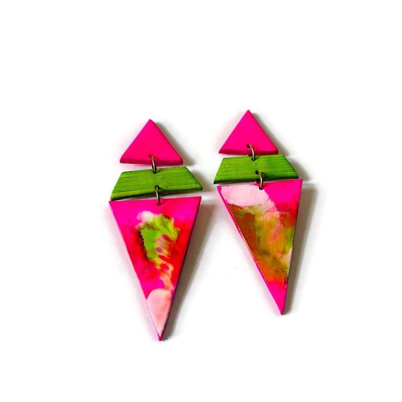 Extra Large Triangle Earrings in Hot Pink, Neon Green & White